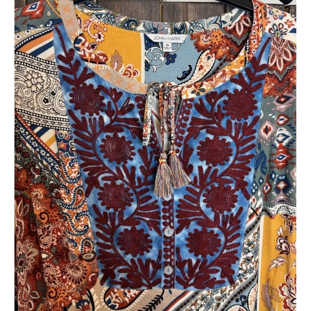 John Mark 1X Colorful Embroidered Tasseled 3/4 Sleeve Tunic Top NWOT - Picture 3 of 15